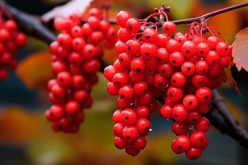 Picturesque Red berries branch viburnum fall. Flora garden plant ash crimson. Generate Ai - obrazy, fototapety, plakaty