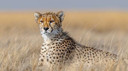   A cheetah rests in a sun-scorched grass expanse, hazy sky above