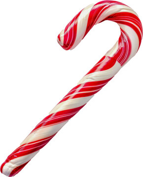 Traditional glossy red and white striped candy cane perfect for holiday celebrations cut out on transparent background