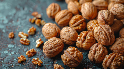 Walnuts, with their hard shells and kernels on a clean surface.