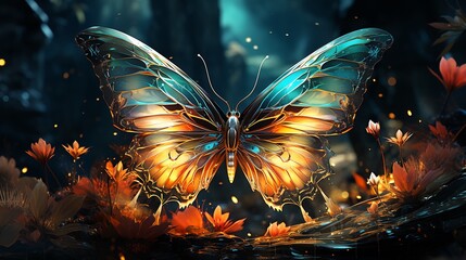 A holographic butterfly flitting through a digital garden - obrazy, fototapety, plakaty