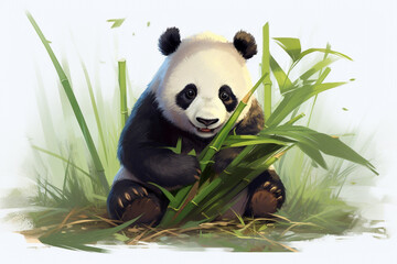 A fluffy panda wearing a bamboo-patterned shirt, munching on bamboo shoots.