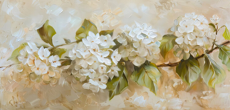 Oil painting with white hydrangea flowers on beige background.