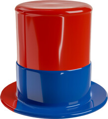 Striking red and blue shiny top hat, a classic costume accessory for performances and parties cut out on transparent background