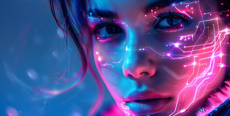 Futuristic technological neon high-tech closeup portrait of woman with glowing neon circuit traces in their skin