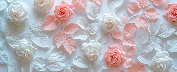 Beautiful arrangement of pink and white paper roses with delicate leaves on white background for decoration or greeting card concept
