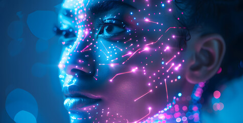 Futuristic technological neon high-tech closeup portrait of woman with glowing neon circuit traces in their skin