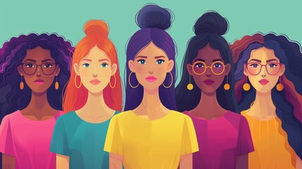 For International Women's Day, modern banner with strong women of different cultures and nationalities standing together. Concept of women's emancipation and gender equality. - obrazy, fototapety, plakaty