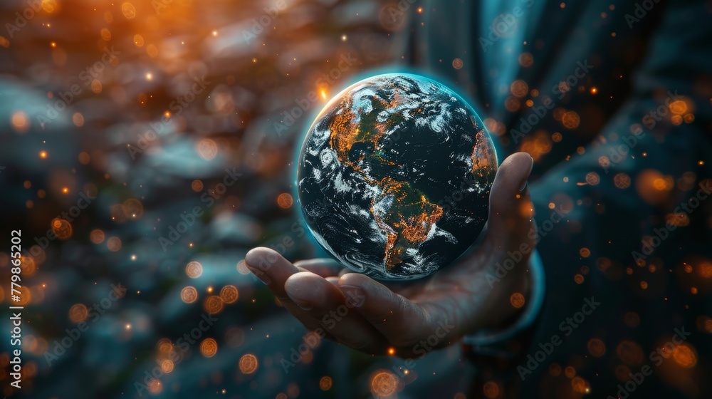 Canvas Prints A blurred businessman is seen using a 3D rendering of the flying earth network interface on a blurry background