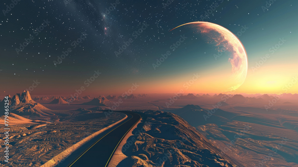 Poster a digital artwork depicting a distant planet hovering in the sky, showcasing its unique colors and f