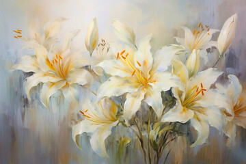 Oil painting with white lily flowers on a beige background, palette knife strokes