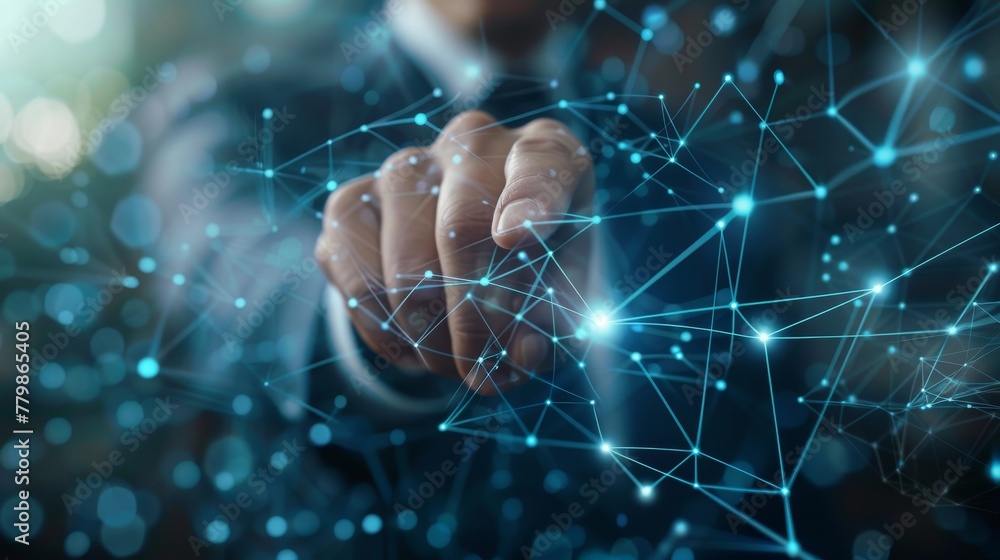 Poster flying network interface with businessman on blurred background in 3d