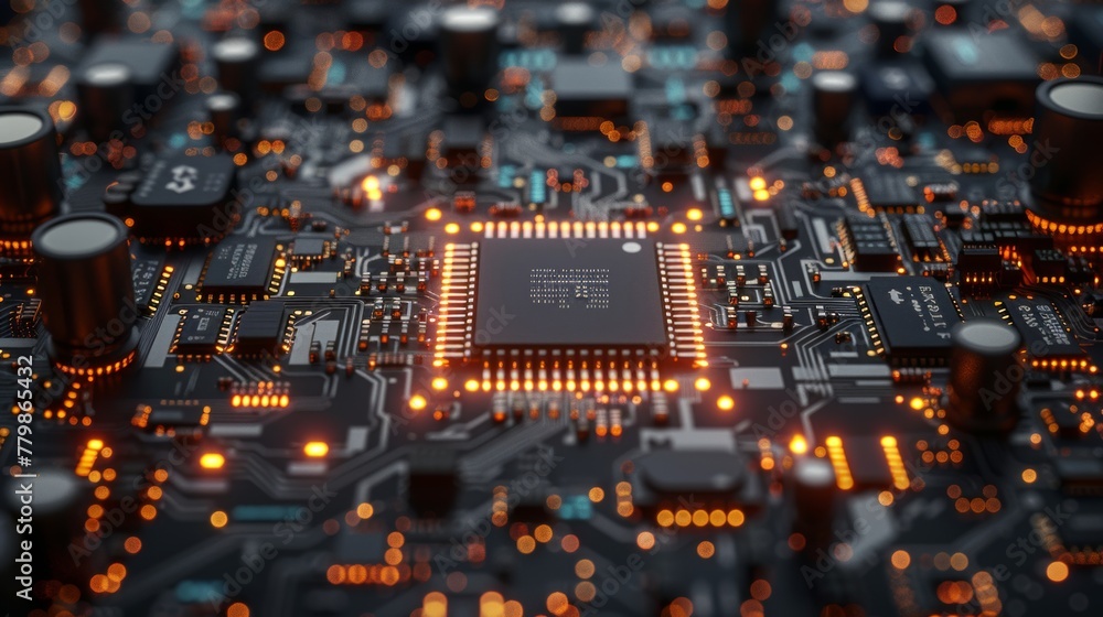 Poster Computer hardware technology. Computer motherboard. Information CPU engineering 3D render background. Tech science EDA background.