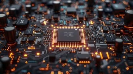 Computer hardware technology. Computer motherboard. Information CPU engineering 3D render background. Tech science EDA background.