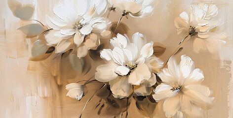 Oil painting with white lily flowers on a beige background, palette knife strokes - obrazy, fototapety, plakaty