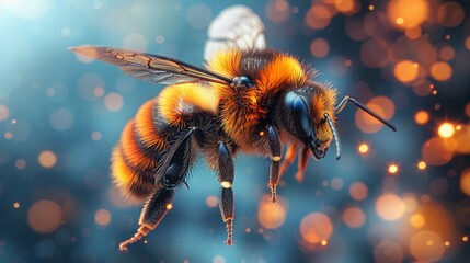   A tight shot of a bee mid-flight against a backdrop of softly blurred lights - obrazy, fototapety, plakaty