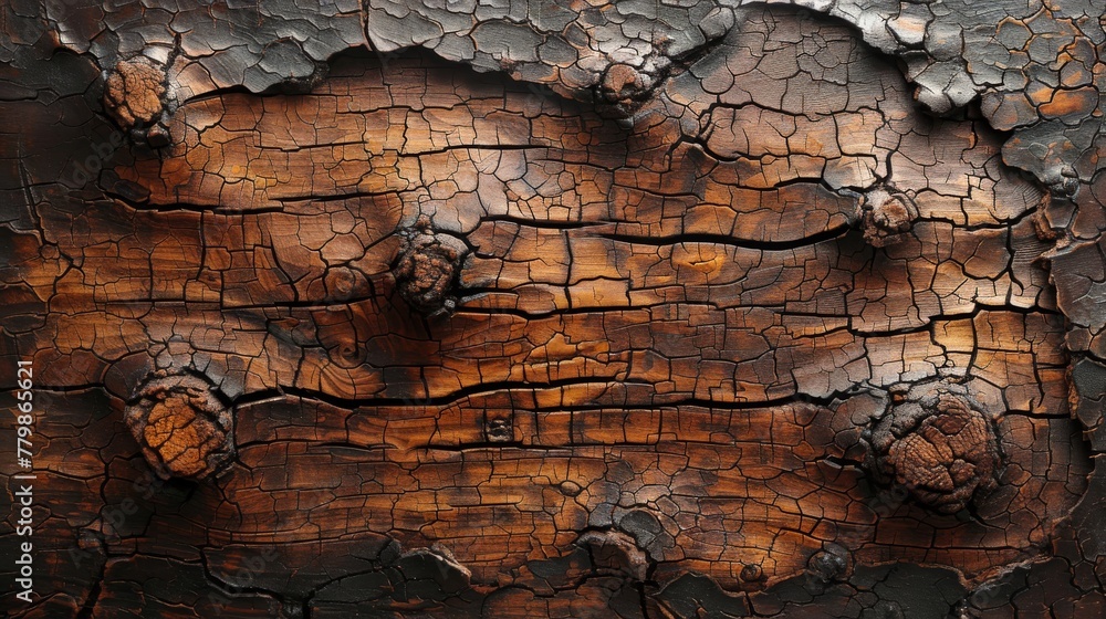 Wall mural background made of dark brown wood planks with old wood texture and natural cracks.