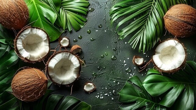   A black background showcases a cluster of coconuts and palm leaves, with droplets of water pooling beneath the image