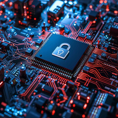Secure connection or cybersecurity service concept of computer motherboard closeup and safety lock with login and connecting verified credentials as wide banner design