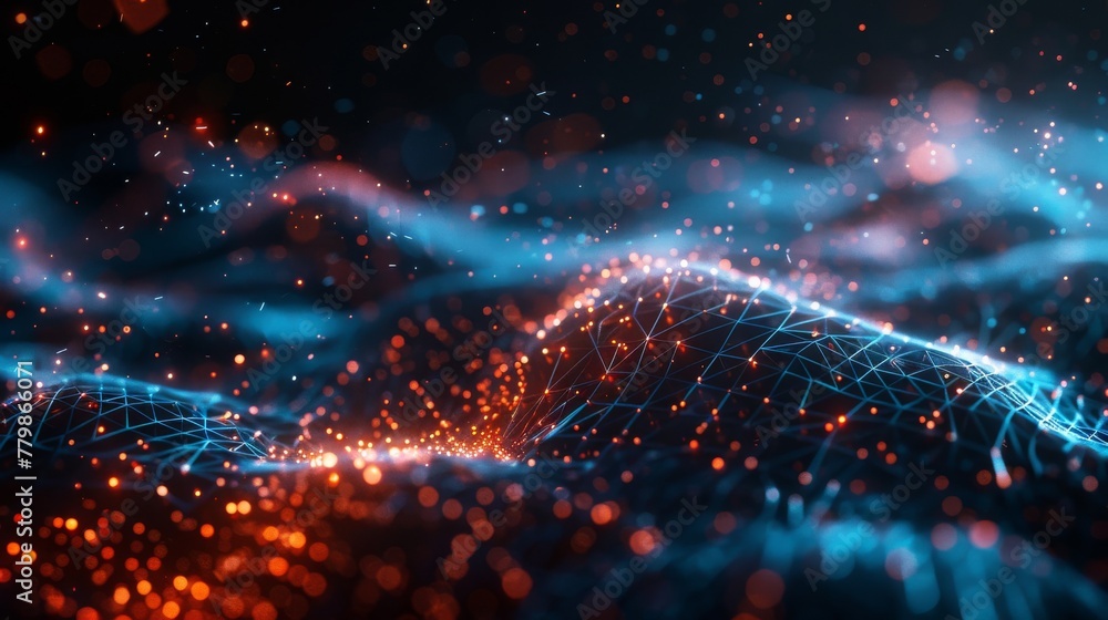 Poster An abstract futuristic illustration showing data technology on a dark background with connected dots. 3D rendering. The visualization of big data.