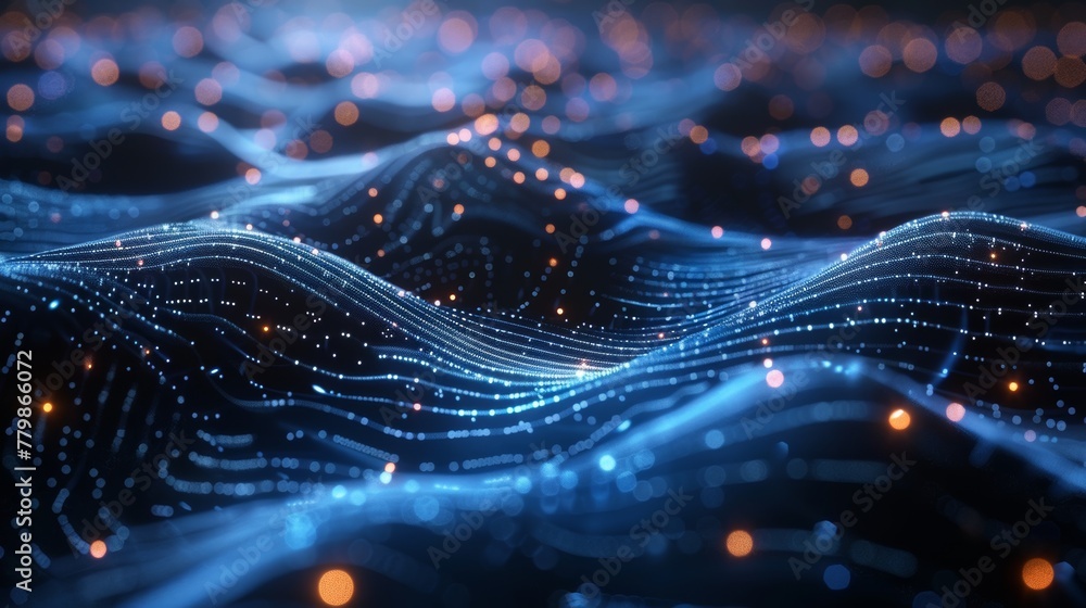 Poster 3D rendering . Big data visualization . Abstract futuristic illustration . Low poly shape with dots and lines connected on a dark background.