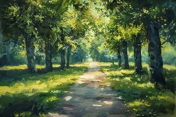 Scenic park pathway, tranquil nature scene, beautiful landscape art