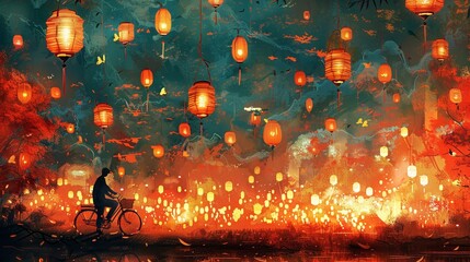 A person riding a bike through a landscape illuminated by lanterns, depicted in a digital art style painting.