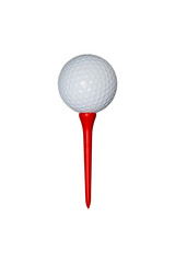 Golf ball set on a red golf tee with a white background.
