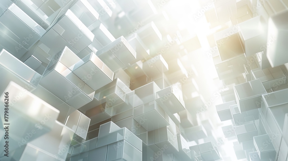 Fototapete With a white high-tech digital background containing intersecting low-polygonal cube structures, this illustration uses a double exposure effect to create an abstract 2D image