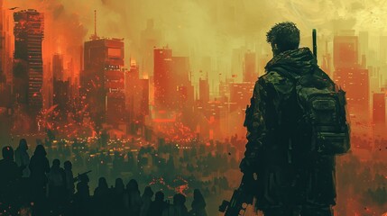 A teenage boy wielding a firearm observes a group of individuals in a post-apocalyptic metropolis, depicted in a digital art display with an illustrative painting technique.