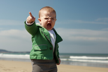 animated baby in green blazer pointing out at the beach with an excited expression

