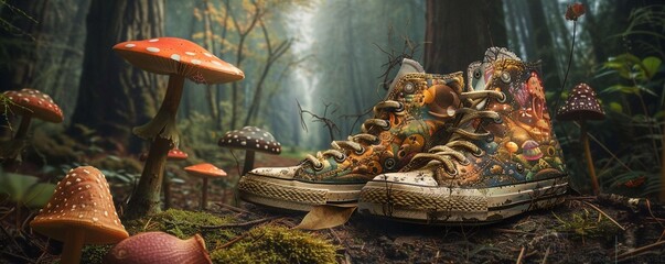  the essence of whimsical adventures with shoe designs specialized for imaginary  enchanting forests and extraterrestrial landscapes  with  imaginative 