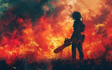 An artistic illustration showcasing a woman holding a chainsaw amid a fiery landscape, created using digital art techniques.