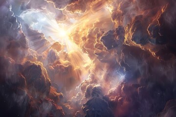 Sun's Rays Illuminating Interstellar Cloud: A Glimpse into Outer Space's Hidden Wonders - obrazy, fototapety, plakaty