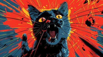   A painting of a black cat with yellow eyes and an radiant red burst emanating from its mouth