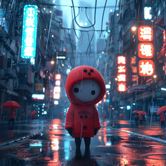 Character, sweater, troubled expression, exploring a vibrant futuristic cityscape, light rain, 3d render, Backlights, HDR