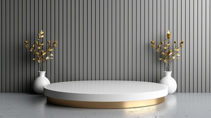 Decorative podium with gold lines at the back for product presentation. Cosmetic product illustration.