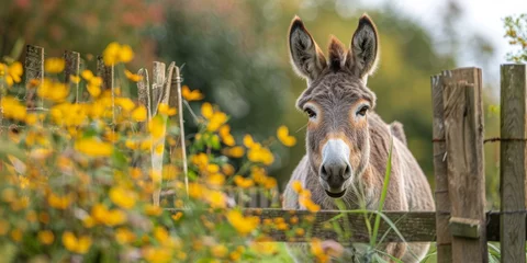 Tuinposter Donkey Looking Over Fence in Field © yganko