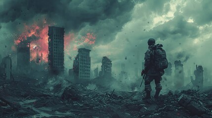 An armed soldier stands amid the wreckage of a devastated urban landscape in this digital painting depicting a post-apocalyptic scene. - obrazy, fototapety, plakaty