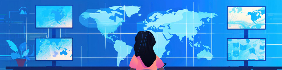 A woman observes multiple screens displaying world maps and data in a technology-driven control center