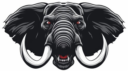   An elephant's head, portrayed in black and white, bears red eyes and long tusks - obrazy, fototapety, plakaty