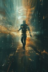 An illustration of a person in a sci-fi setting, running through a window of a building at night, depicted in a futuristic digital art style