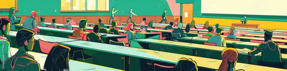 Poster a classroom filled with rows of desks, with a projector screen in the background ready for a present