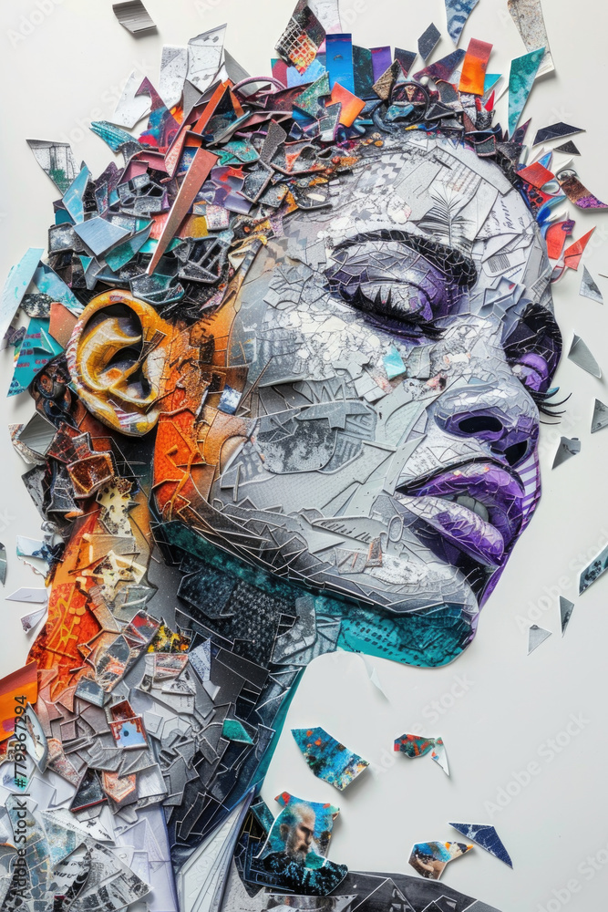 Poster a reconstruction of a womans face using shattered fragments, showing a fragmented yet cohesive portr