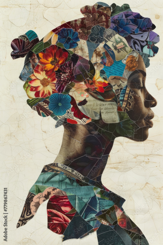 Poster a collage showing a womans head covered with various colorful flowers, creating a unique and strikin