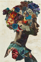 Obraz premium A collage showing a womans head covered with various colorful flowers, creating a unique and striking visual composition