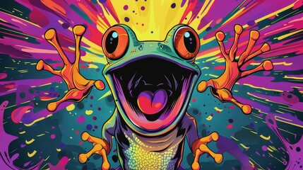   A vibrant frog with an open mouth and widened eyes, exposing its tongue - obrazy, fototapety, plakaty