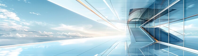 Fototapeta premium Sleek modern architecture, minimalist, clear skies, urban, cinematic