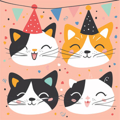 Party Hat Cats in Pink Festive Celebration Theme Illustration