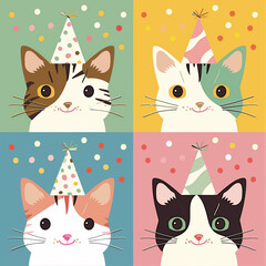 Party Hat Cats in Pink Festive Celebration Theme Illustration